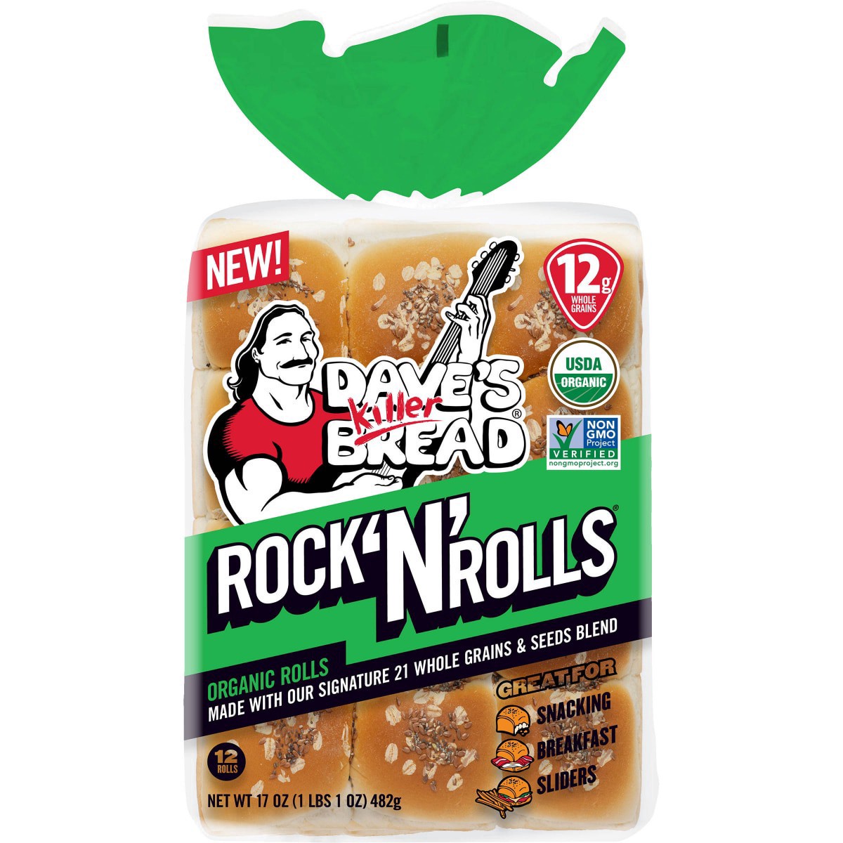slide 1 of 2, Dave's Killer Bread Rock 'N' Rolls, Organic Snack, Slider, Breakfast Rolls, 12 Count, 12 ct