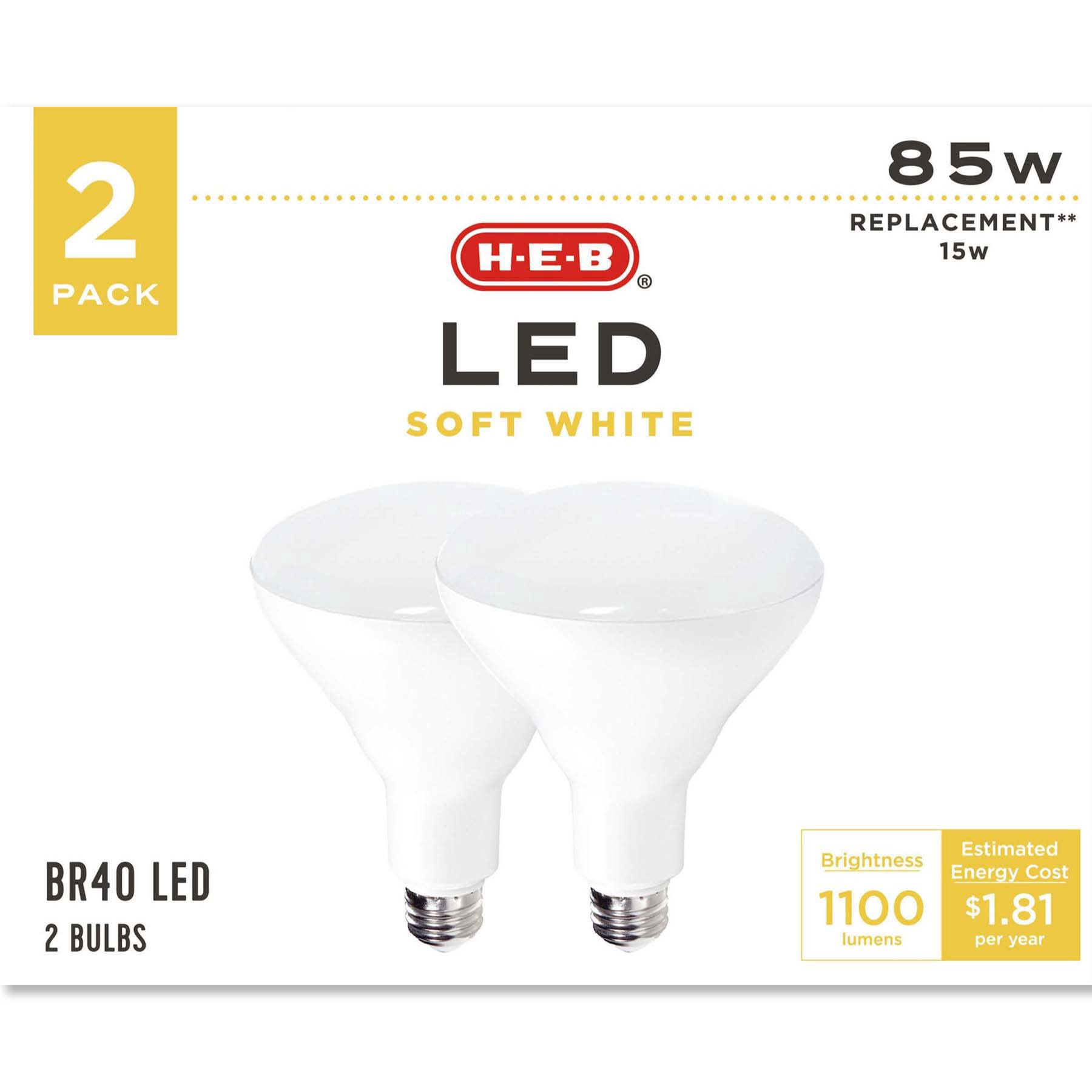 slide 1 of 1, H-E-B BR40 85-Watt Soft White LED Light Bulbs, 2 ct