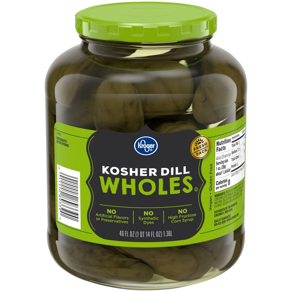 slide 2 of 4, Kroger Kosher Whole Dill Pickles, 46 fl oz