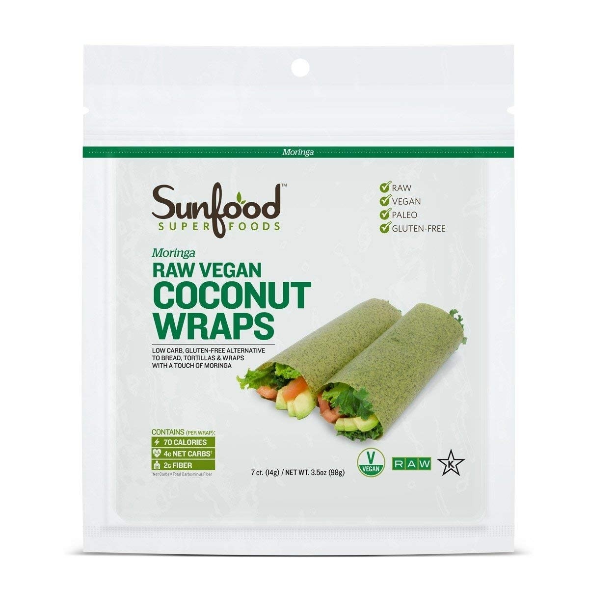 slide 1 of 1, Sunfood Coconut Wraps Moringa, 7 ct