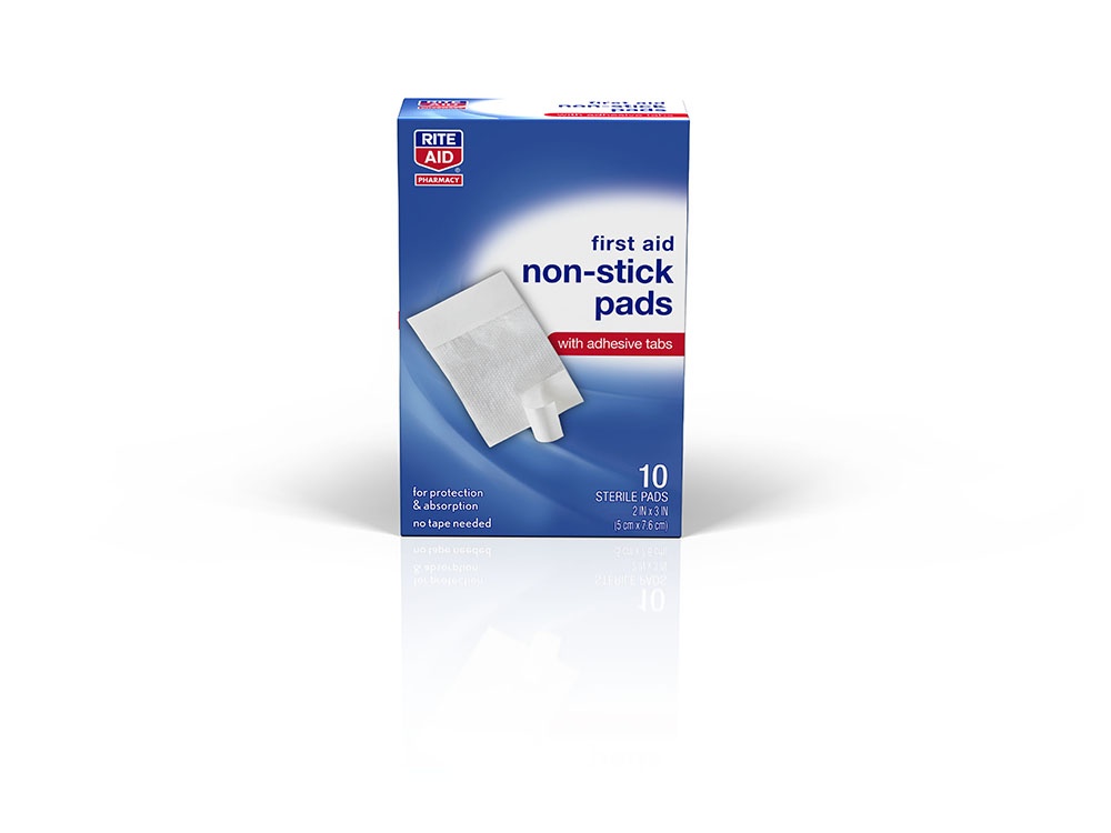 slide 1 of 1, Rite Aid 2x3 Non-Stick Pads with Adhesive Tabs, 10 ct