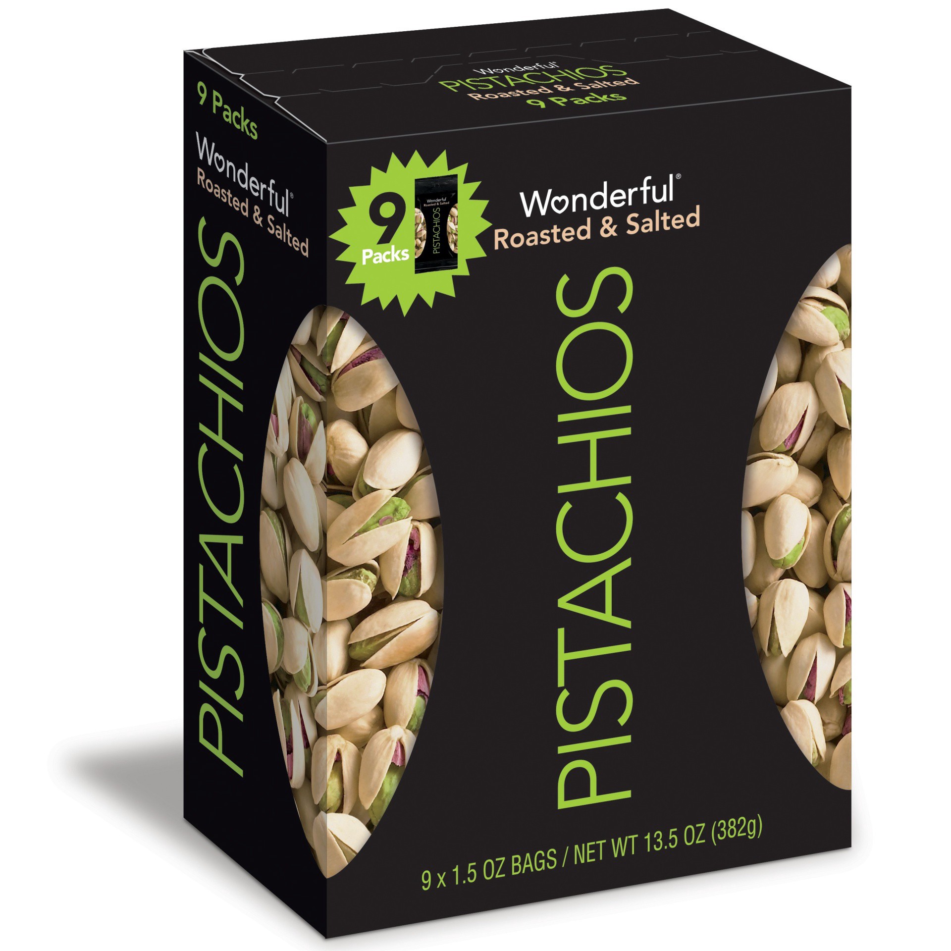 slide 1 of 4, Wonderful Pistachios, In Shell Roasted & Salted Nuts, 1.5 Ounce Bags (Pack of 9), 225 gram