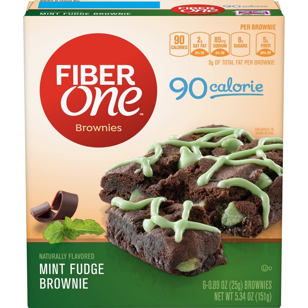 slide 2 of 3, Fiber One Brownies, 70 Calorie Bar, 5 Net Carbs, Snacks, Mint Fudge, 6 ct; 0.89 oz