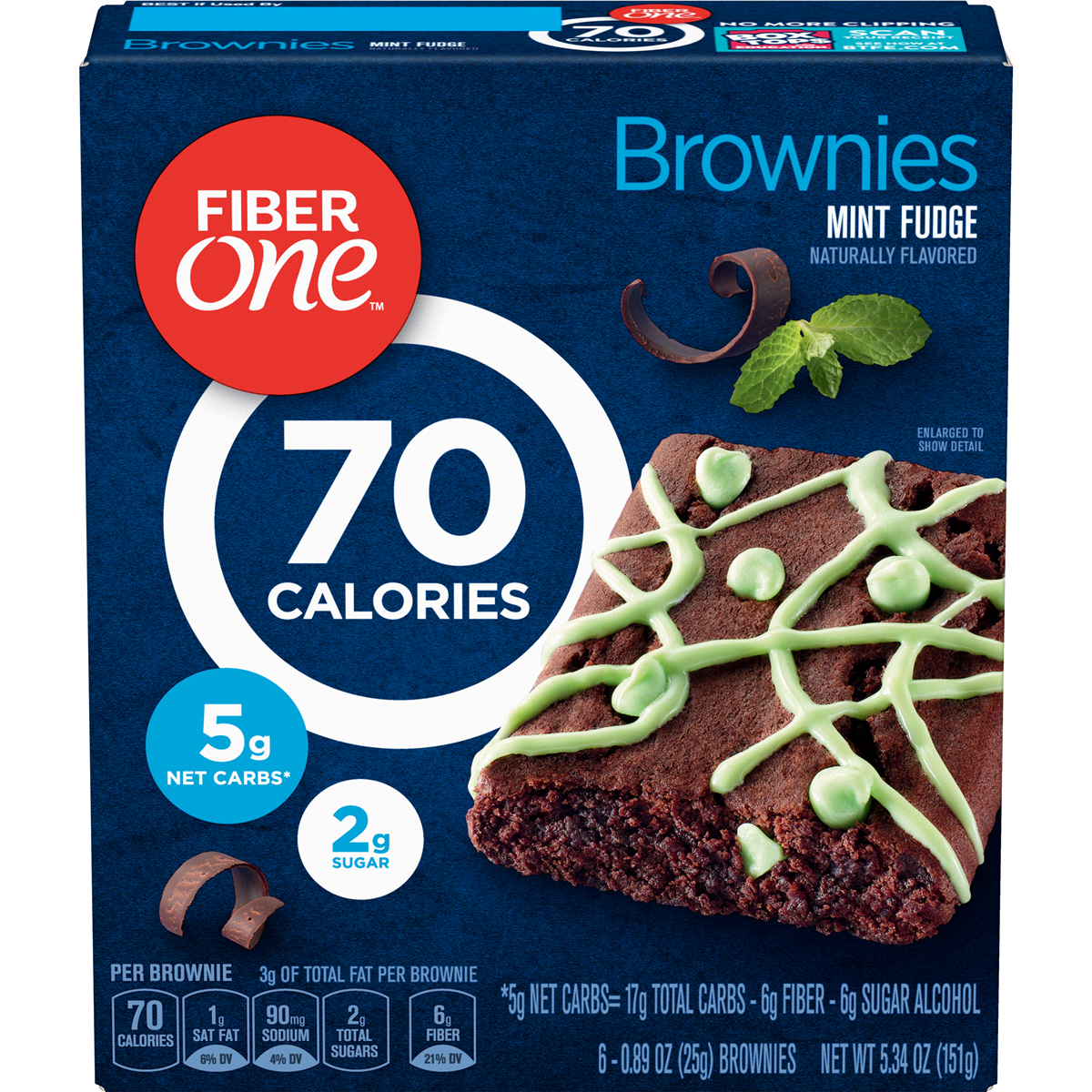 slide 1 of 3, Fiber One Brownies, 70 Calorie Bar, 5 Net Carbs, Snacks, Mint Fudge, 6 ct; 0.89 oz
