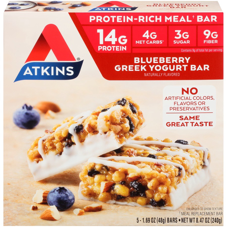 slide 1 of 9, Atkins Blueberry Greek Yogurt Meal Bars, 5 ct; 1.7 oz