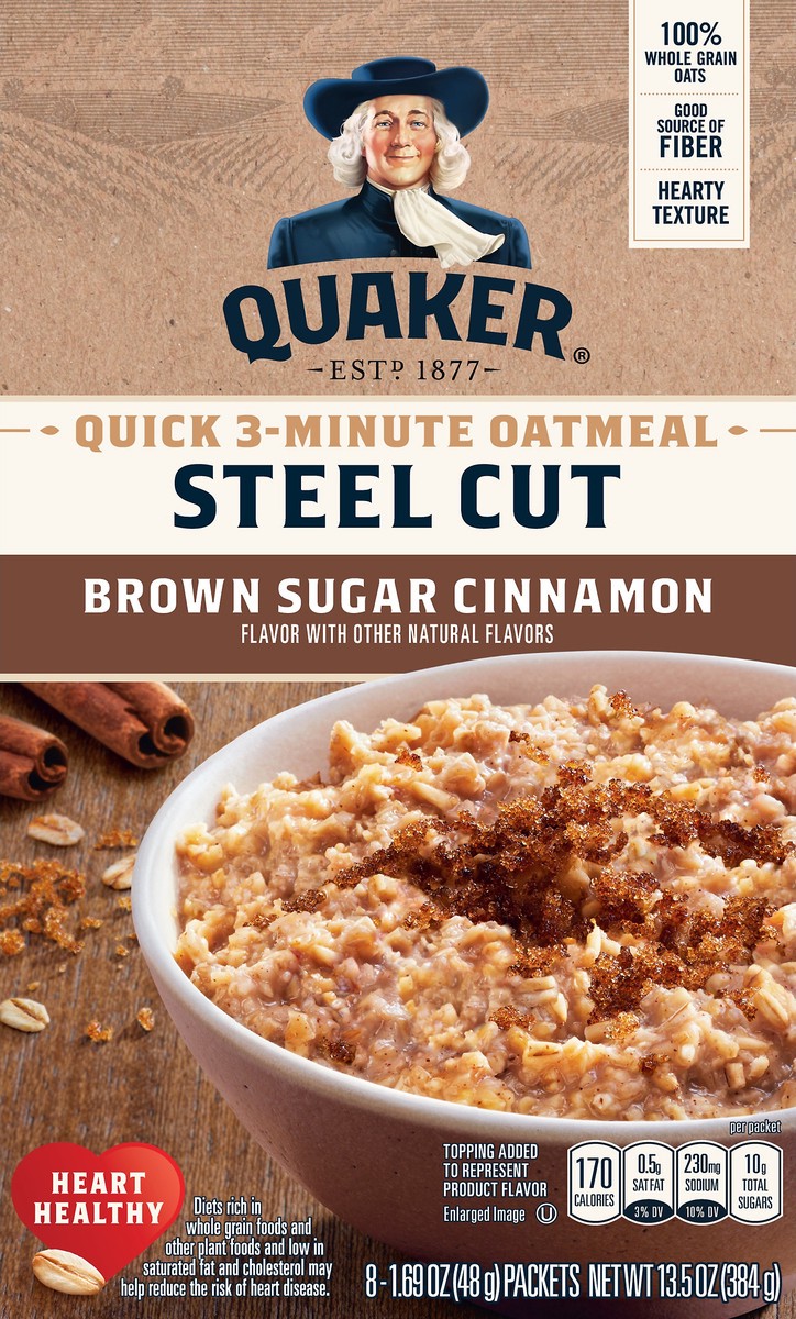 slide 1 of 6, Quaker Quick 3-Minute Steel Cut Brown Sugar Cinnamon Oatmeal 8 ea, 8 ct; 1.69 oz