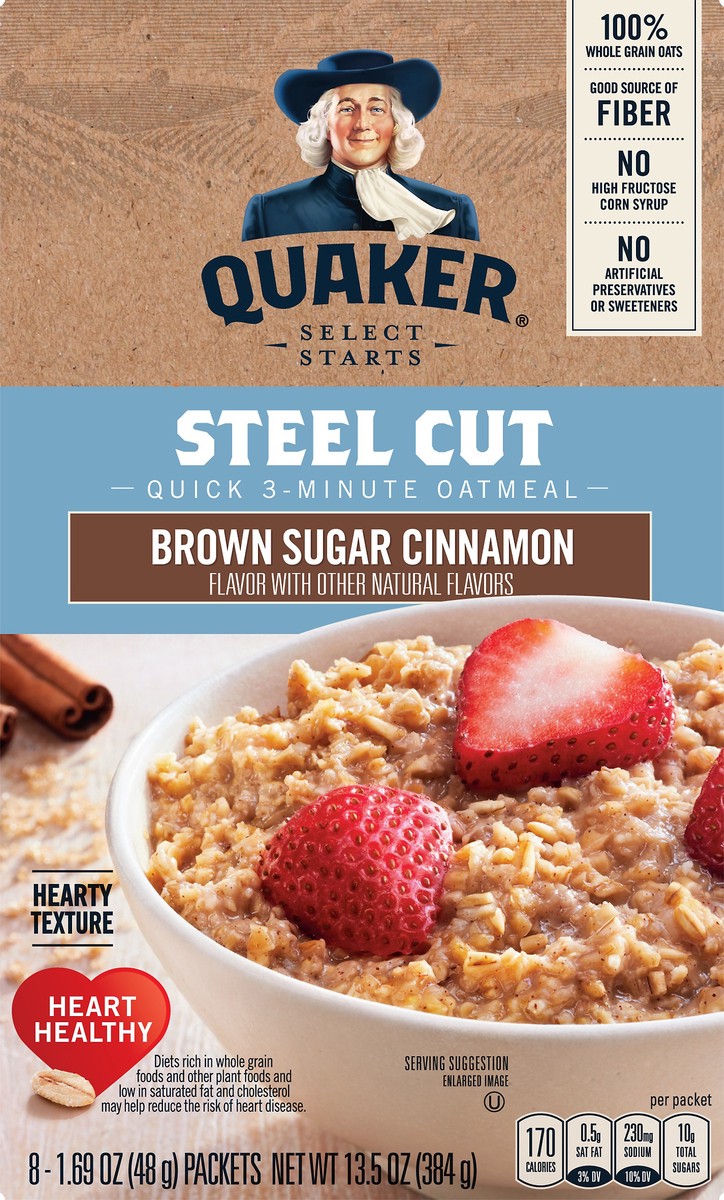 slide 4 of 6, Quaker Quick 3-Minute Steel Cut Brown Sugar Cinnamon Oatmeal 8 ea, 8 ct; 1.69 oz