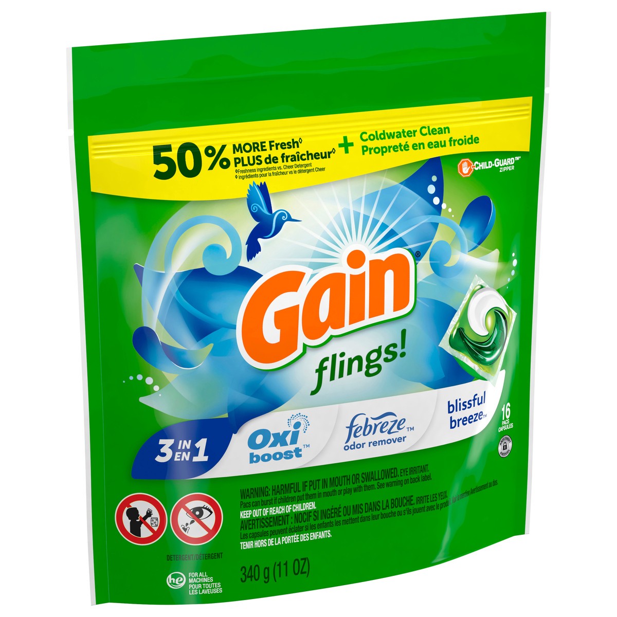 slide 2 of 4, Gain flings! Liquid Laundry Detergent Soap Pacs, HE Compatible, 16 Count, Long Lasting Scent, Blissful Breeze Scent, 12 oz