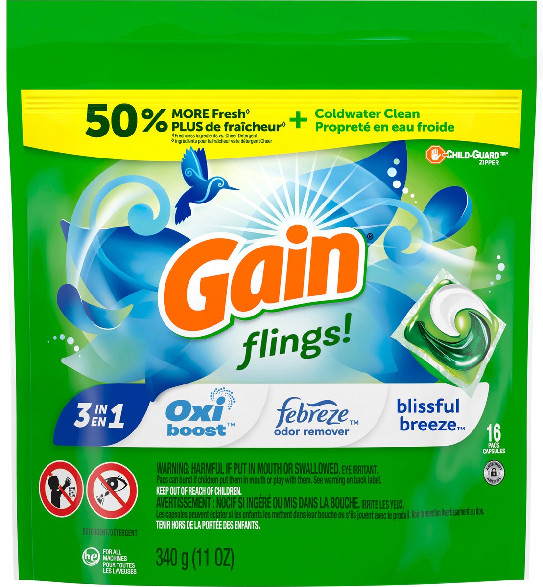 slide 4 of 4, Gain flings! Liquid Laundry Detergent Soap Pacs, HE Compatible, 16 Count, Long Lasting Scent, Blissful Breeze Scent, 12 oz
