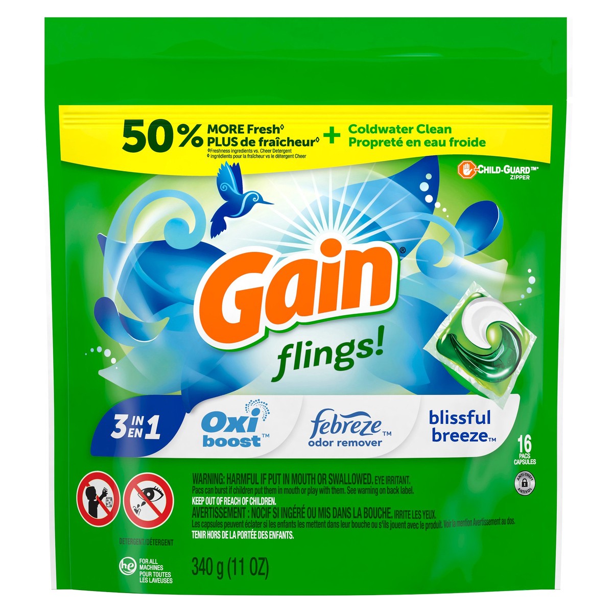 slide 1 of 4, Gain flings! Liquid Laundry Detergent Soap Pacs, HE Compatible, 16 Count, Long Lasting Scent, Blissful Breeze Scent, 12 oz