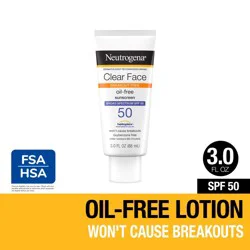 Neutrogena Clear Face Liquid Lotion Sunscreen for Acne-Prone Skin, Broad Spectrum SPF 50 UVA/UVB Protection, Oil-, Fragrance- & Oxybenzone-Free Facial Sunscreen, Non-Comedogenic, 3 fl. oz