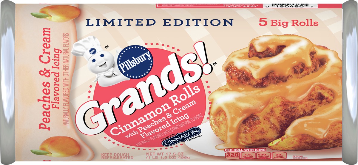 slide 12 of 14, Grands! Cinnamon Rolls With Peaches & Cream Flavored Icing, 5 ct., 17.5 oz., 5 ct