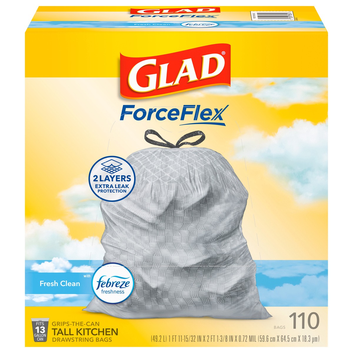 slide 1 of 1, Glad Force Flex Drawstring Fresh Clean Odor Shield 13 Gallon 110ct, 