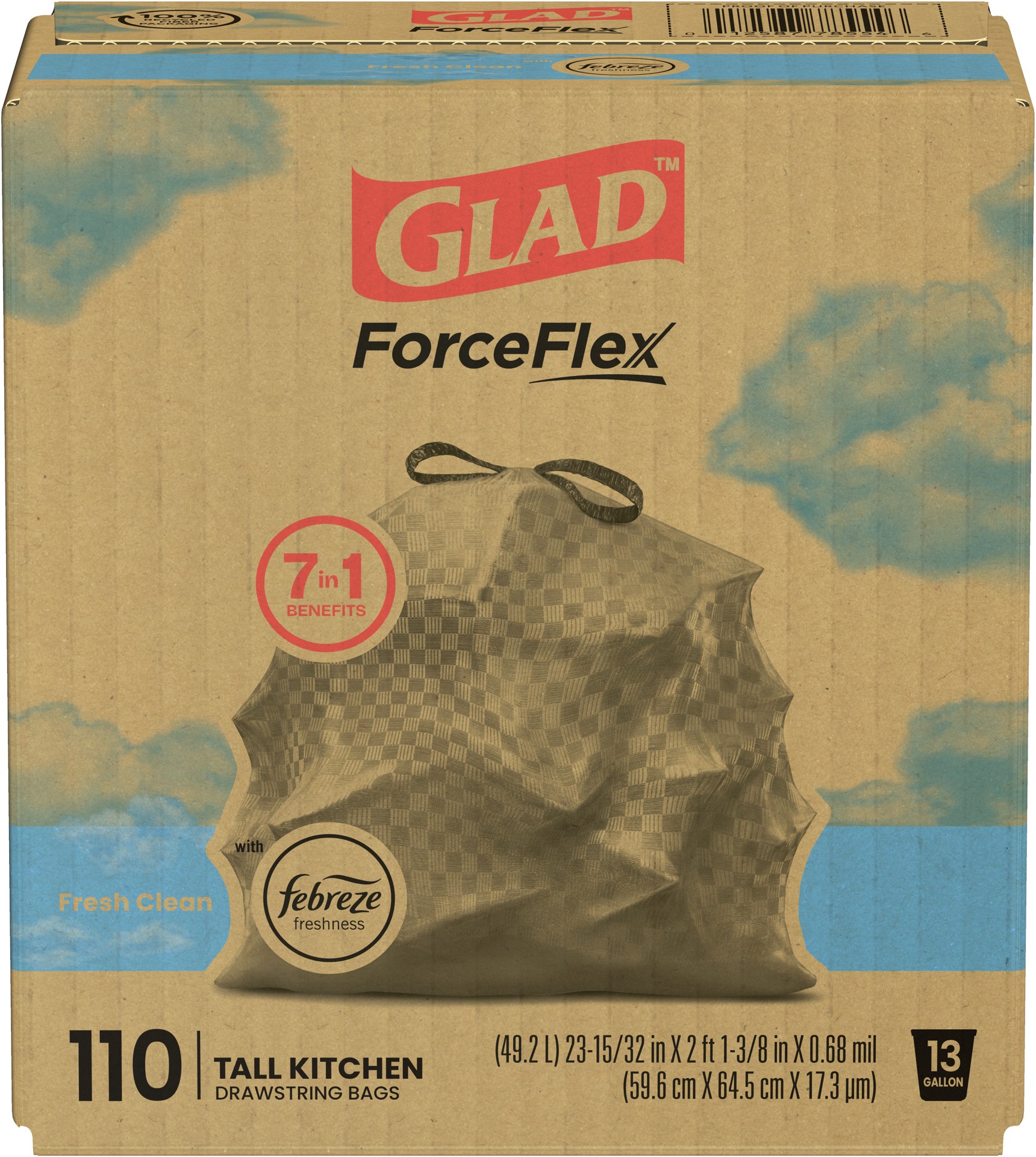 slide 1 of 6, Glad Force Flex Drawstring Fresh Clean Odor Shield 13 Gallon 110ct, 110 ct