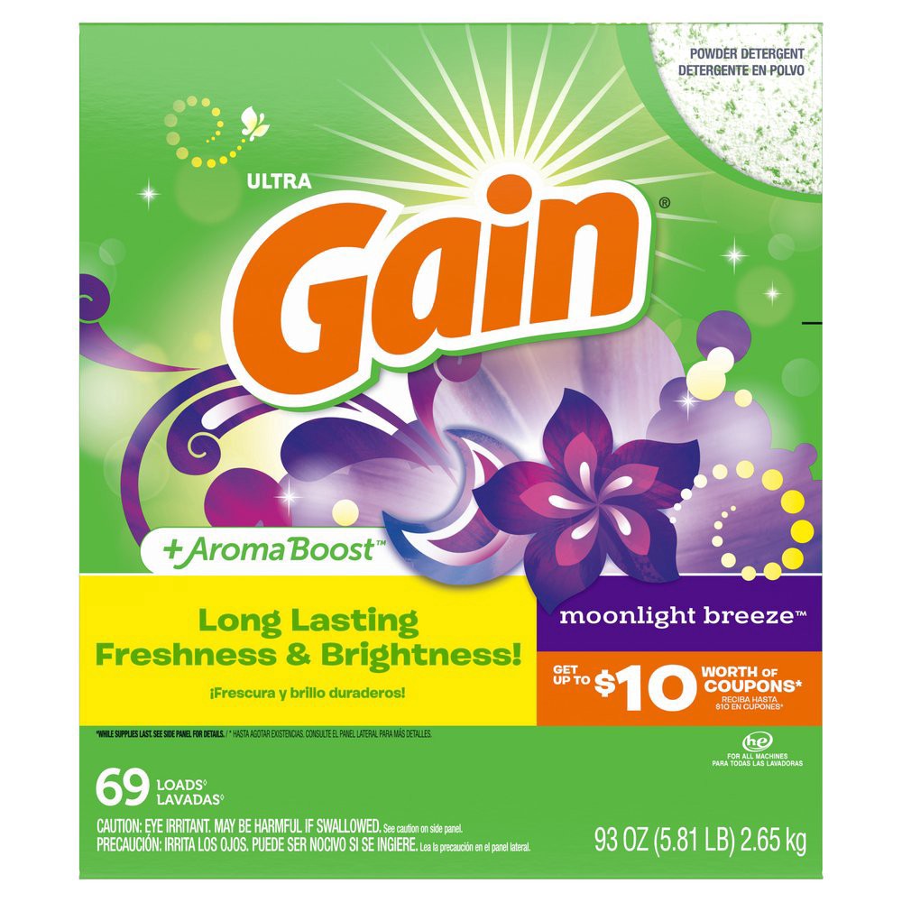 slide 1 of 1, Gain Aroma Boost HE Powder Laundry Detergent, 69 Loads - Moonlight Breeze, 93 oz