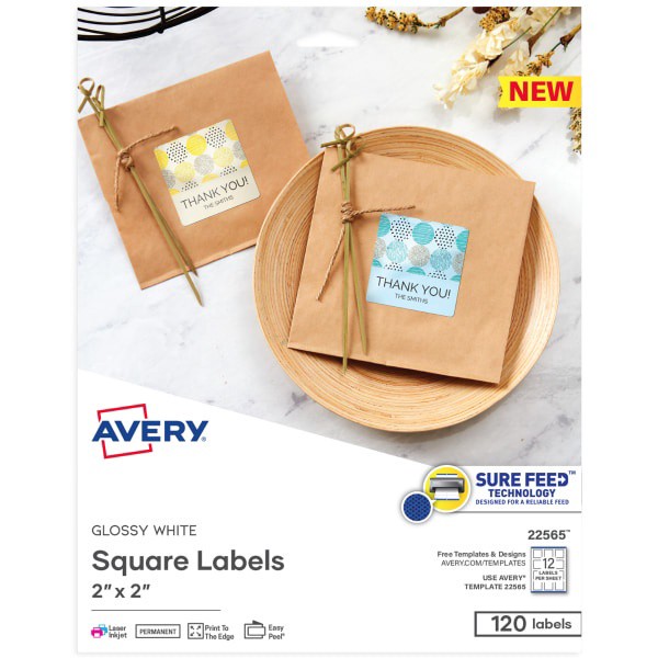 slide 1 of 7, Avery Printable Square Labels, 22565, 2&Rdquo;W X 2&Rdquo;D, Glossy White, Pack Of 120 Labels, 120 ct