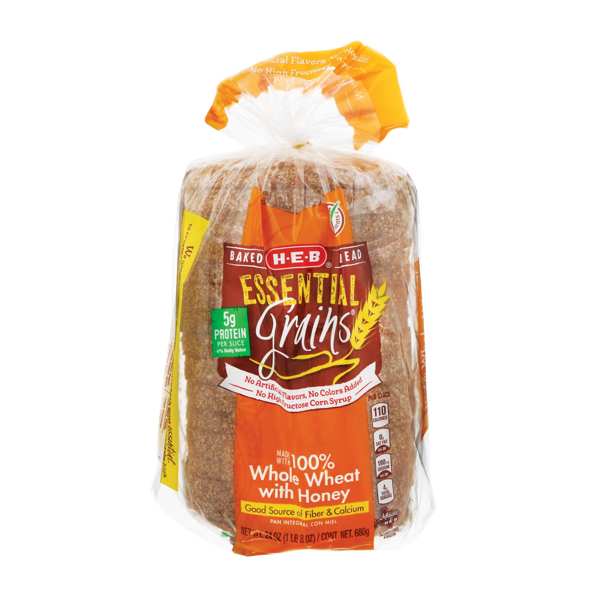 slide 1 of 1, H-E-B Essential Grains 100% Whole Wheat with Honey Bread, 24 oz
