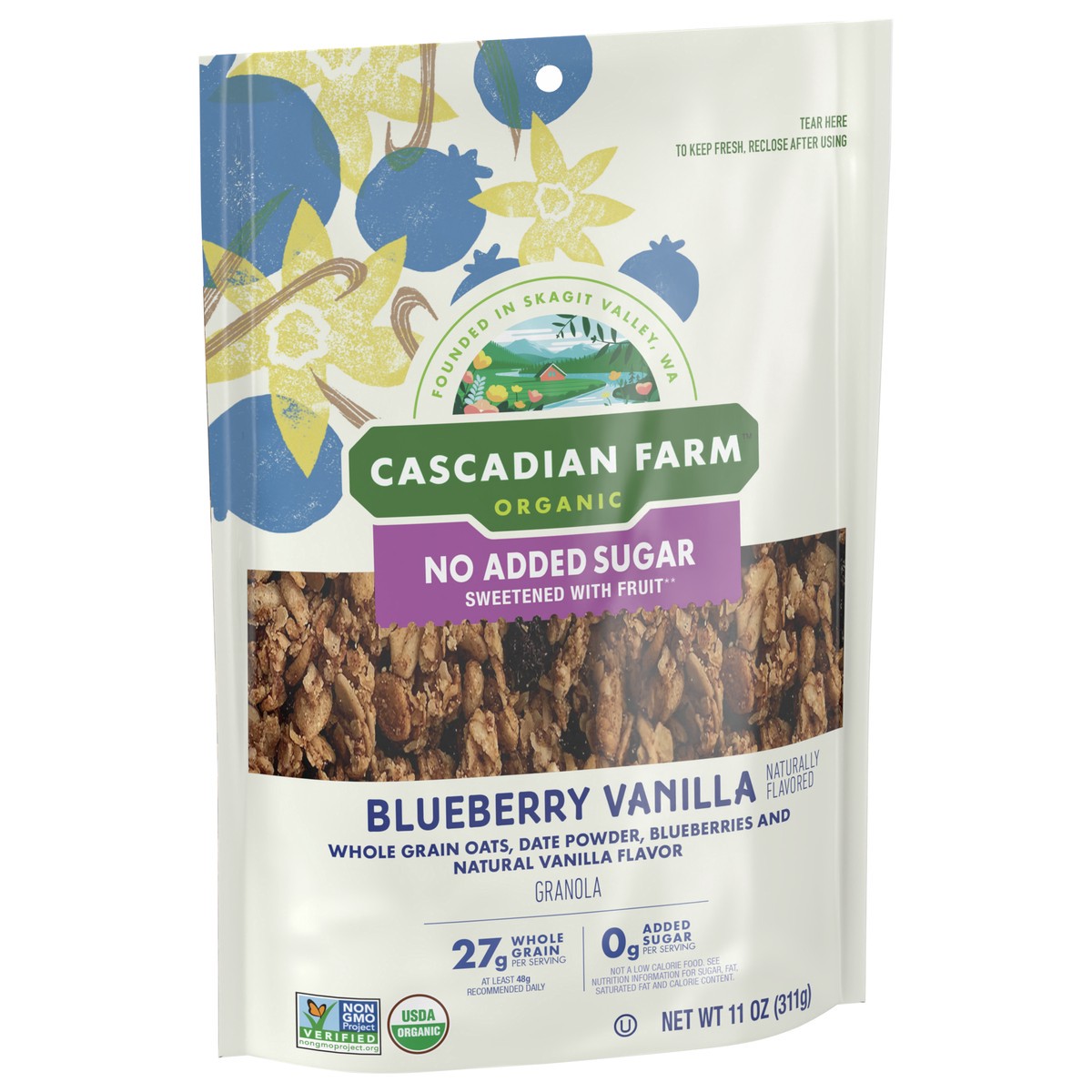 slide 4 of 9, Cascadian Farm Organic Granola with No Added Sugar, Blueberry Vanilla Cereal, Resealable Pouch, 11 oz., 11 oz