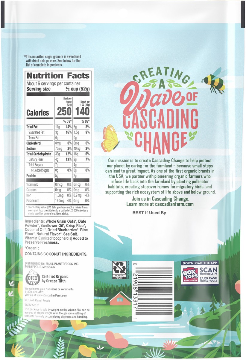 slide 3 of 9, Cascadian Farm Organic Granola with No Added Sugar, Blueberry Vanilla Cereal, Resealable Pouch, 11 oz., 11 oz