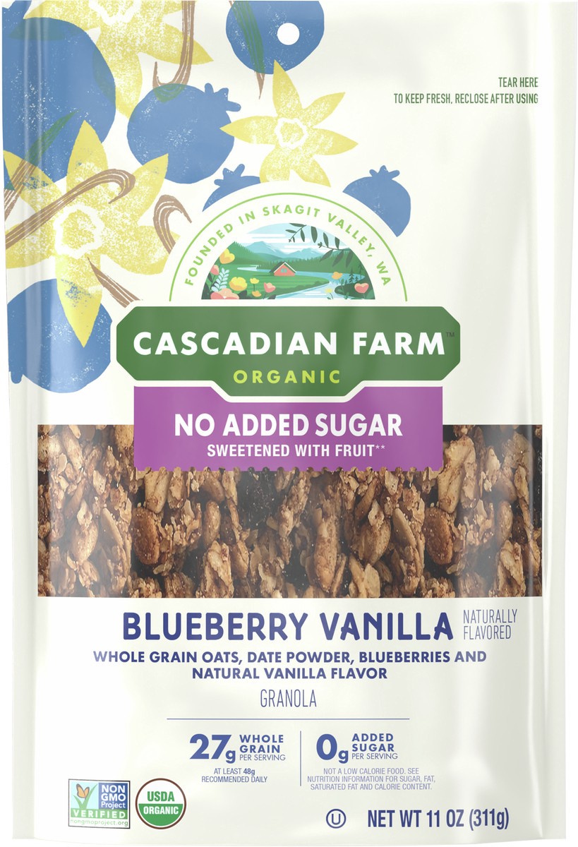 slide 2 of 9, Cascadian Farm Organic Granola with No Added Sugar, Blueberry Vanilla Cereal, Resealable Pouch, 11 oz., 11 oz