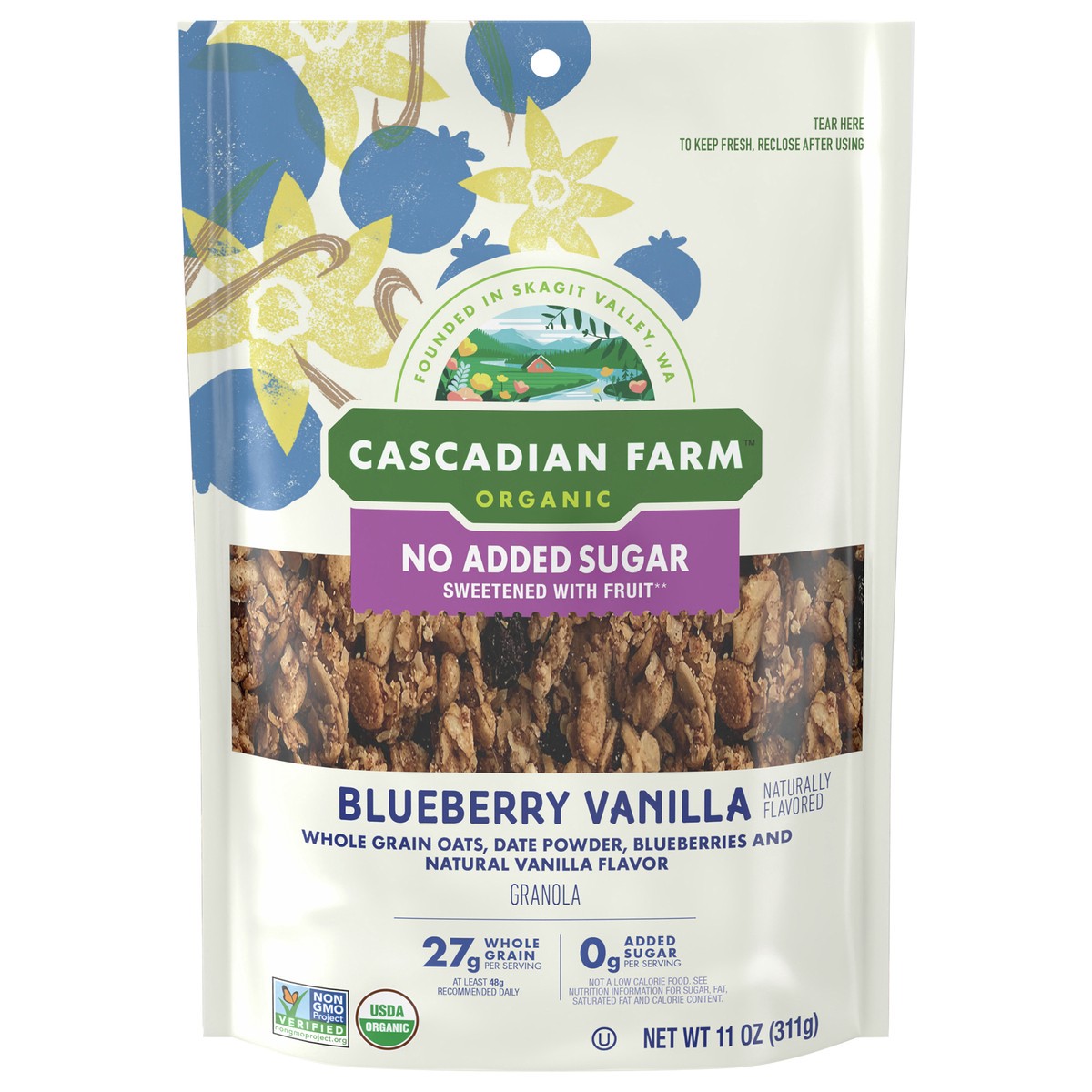 slide 1 of 9, Cascadian Farm Organic Granola with No Added Sugar, Blueberry Vanilla Cereal, Resealable Pouch, 11 oz., 11 oz