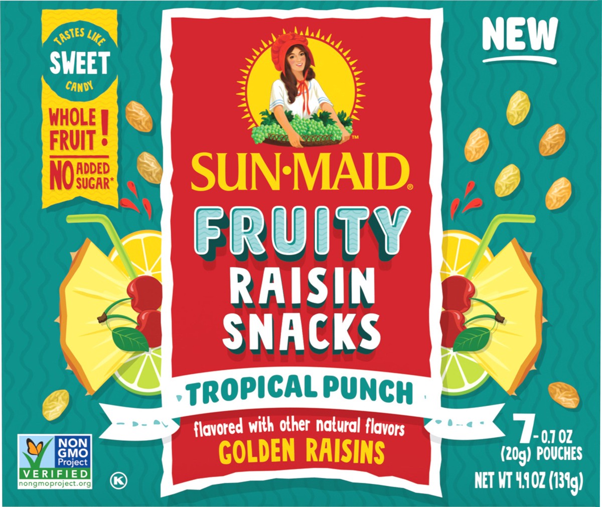 slide 3 of 9, Sun-Maid Fruity Raisin Snacks Tropical Punch 7-Ct Box/.7oz Pouches, 0.07 oz