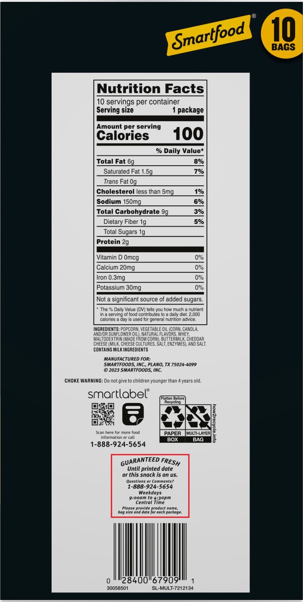 slide 9 of 9, Smartfood Popcorn, White Cheddar Cheese Flavored - 10 ct, 10 ct