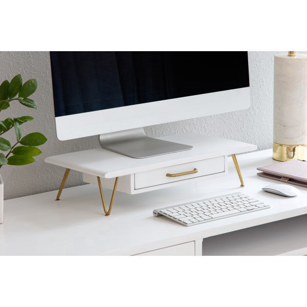 slide 5 of 6, Realspace Luna Wood/Metal Monitor Stand With Drawer, 4-3/4""H X 20-1/4""W X 10""D, White/Gold, 1 ct