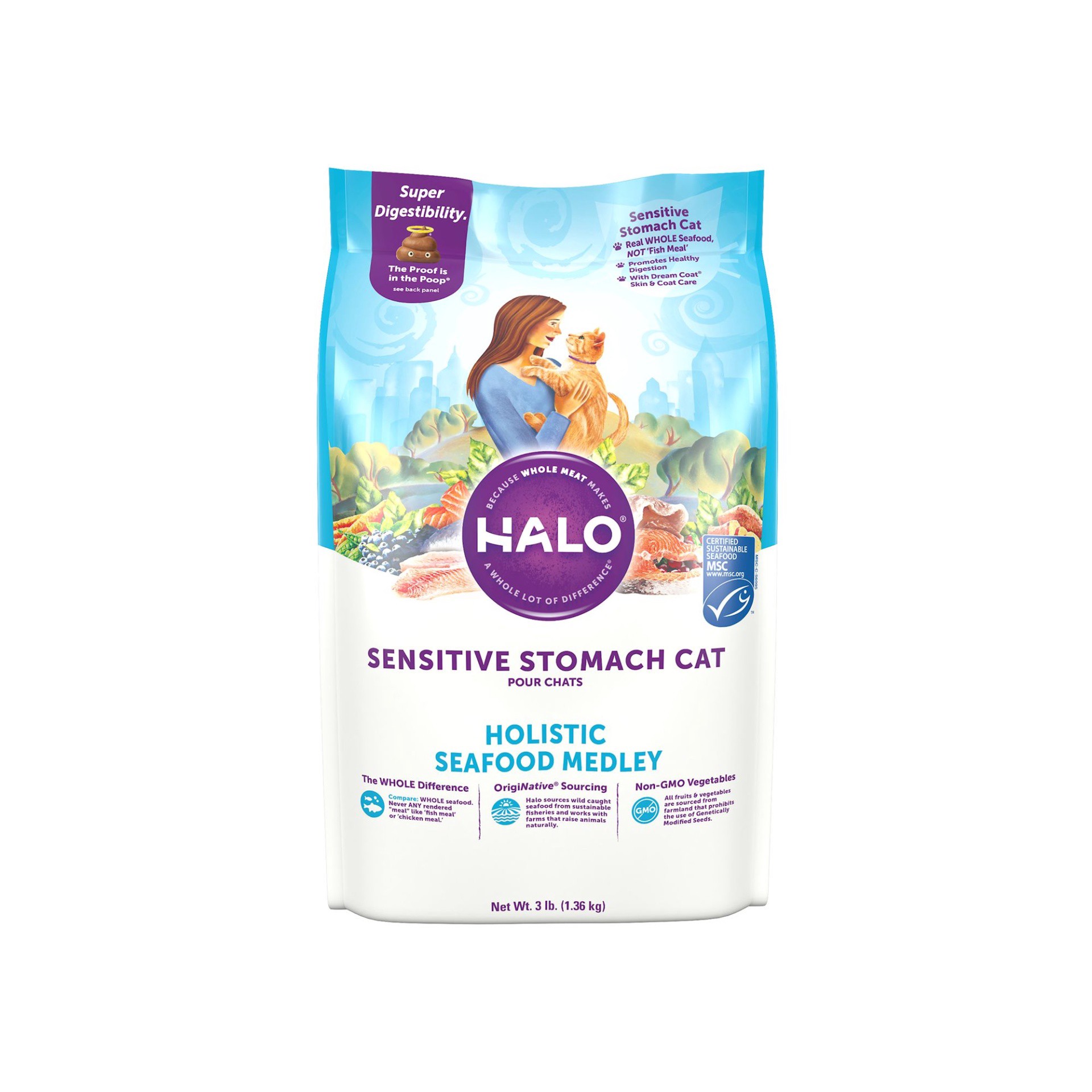 slide 1 of 1, Halo Holistic Sensitive Stomach Seafood Medley Cat Food, 3 lb