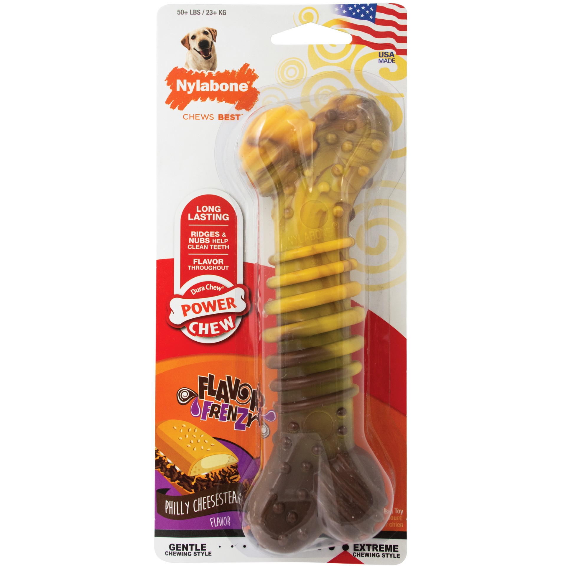 slide 1 of 10, Nylabone Flavor Frenzy Power Chew Durable Dog Chew Toy Philly Cheesesteak X-Large/Souper - 50+ lbs.(1 Count), 1 ct