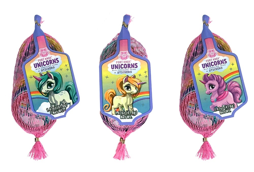 slide 1 of 1, Fort Knox Unicorn Milk Chocolate Coins With Stickers, 1.47 oz