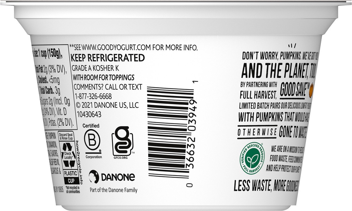 slide 2 of 9, Too Good & Co. Good Save Pumpkin Lower Sugar, Low Fat Greek Yogurt Cultured Product, Gluten Free, Keto Friendly Healthy Snacks, 5.3 OZ Snack Cup, 5.3 oz