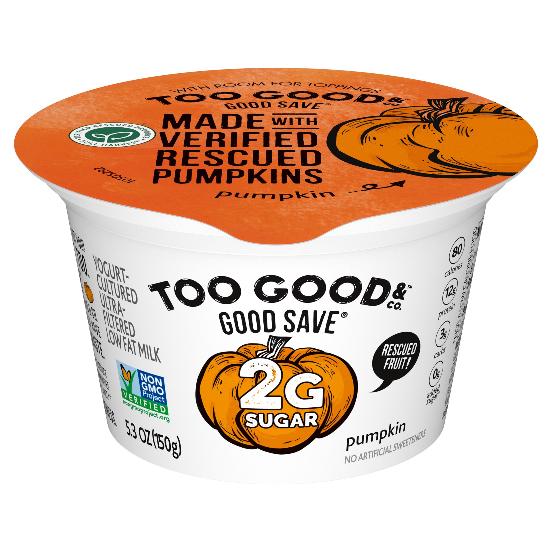 slide 1 of 9, Too Good & Co. Good Save Pumpkin Lower Sugar, Low Fat Greek Yogurt Cultured Product, Gluten Free, Keto Friendly Healthy Snacks, 5.3 OZ Snack Cup, 5.3 oz