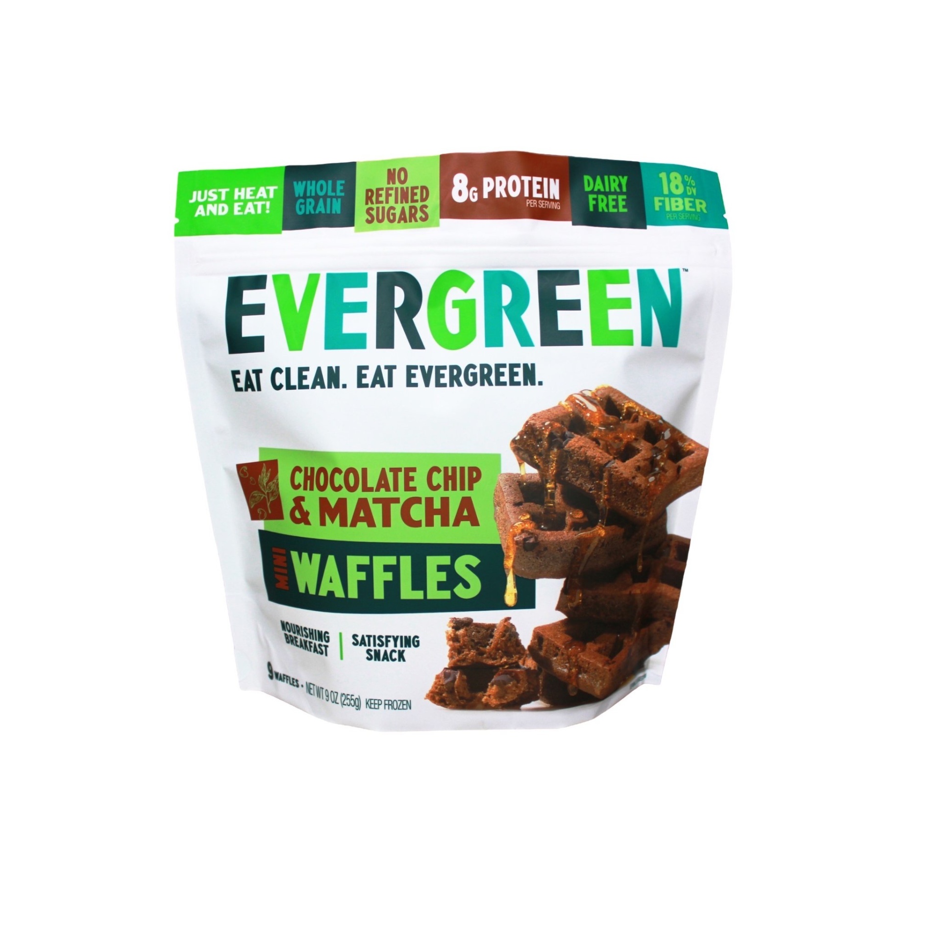 slide 1 of 1, Evergreen Chocolate Chip & Matcha Mini Waffles, 9 oz