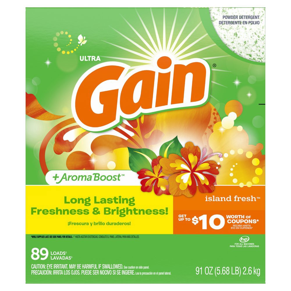 slide 1 of 1, Gain Aroma Boost HE Powder Laundry Detergent, 89 Loads - Island Fresh, 91 oz