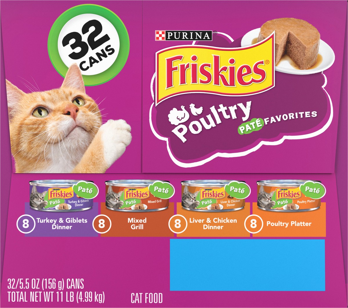 slide 9 of 14, Friskies Purina Friskies Pate Wet Cat Food Pate Variety Pack, Poultry Favorites - (32) 5.5 oz. Cans, 32 ct
