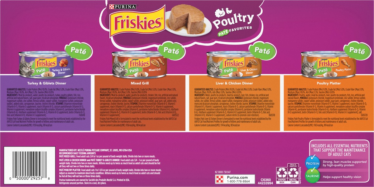 slide 14 of 14, Friskies Purina Friskies Pate Wet Cat Food Pate Variety Pack, Poultry Favorites - (32) 5.5 oz. Cans, 32 ct