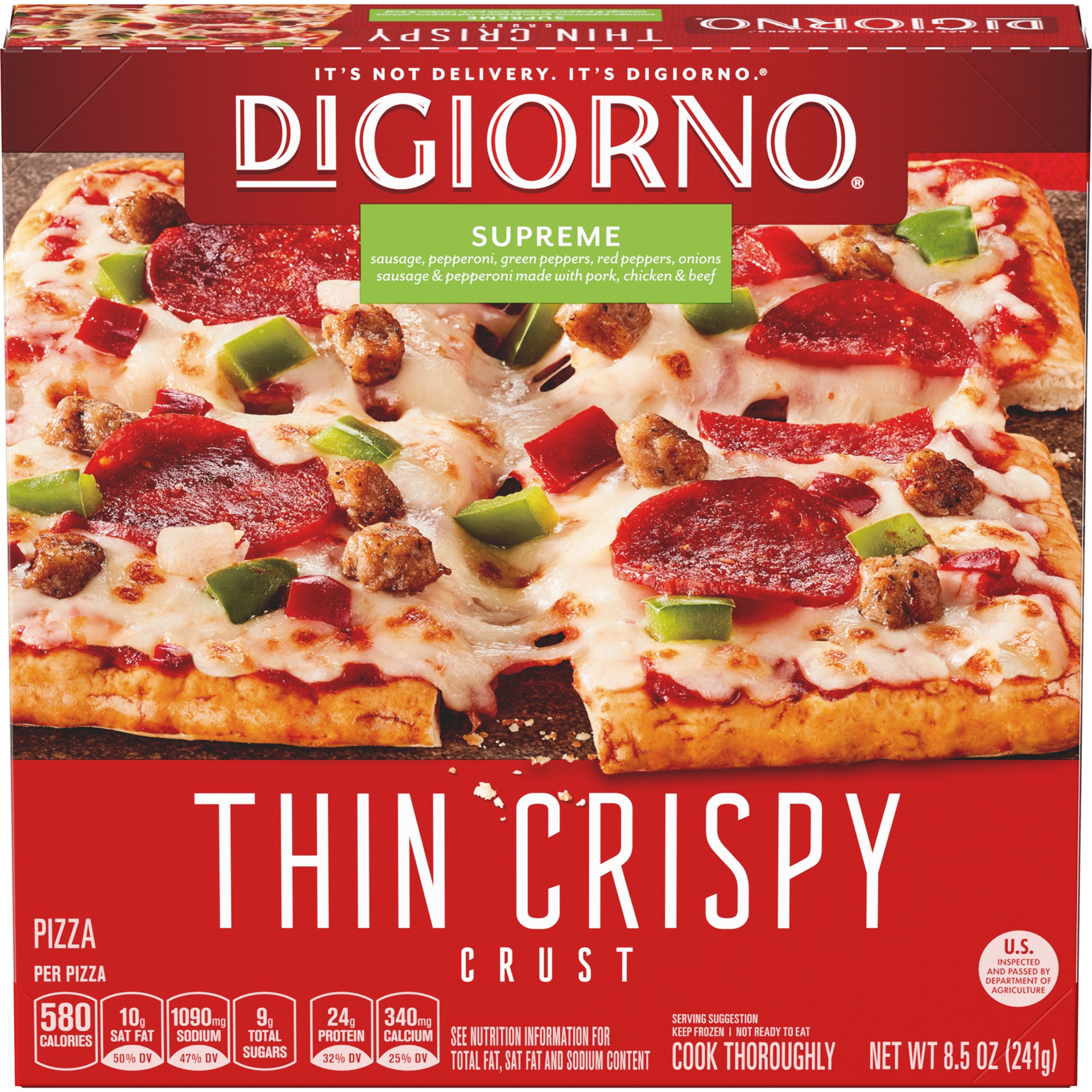 slide 1 of 7, DIGIORNO Small Supreme Thin Crispy Crust Frozen Pizza 8.5 oz. Box, 8.5 oz