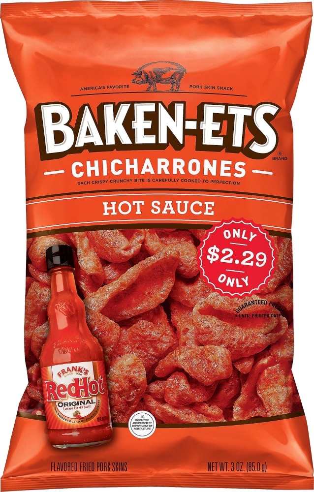 slide 1 of 1, BAKEN-ETS Chicharrones Frank's Red Hot Fried Pork Skins, 3 oz