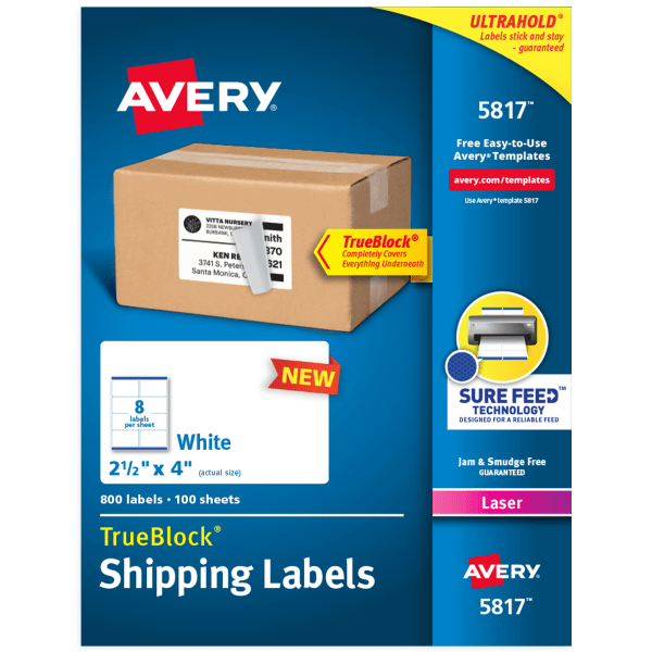 slide 1 of 8, Avery Printable Blank Laser Shipping Labels, 5817, 4"W X 2-1/2"D, White, Pack Of 800 Labels, 800 ct