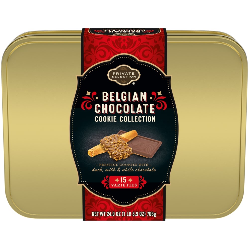 slide 1 of 1, Private Selection Belgian Chocolate Holiday Cookie Tin, 24.9 oz