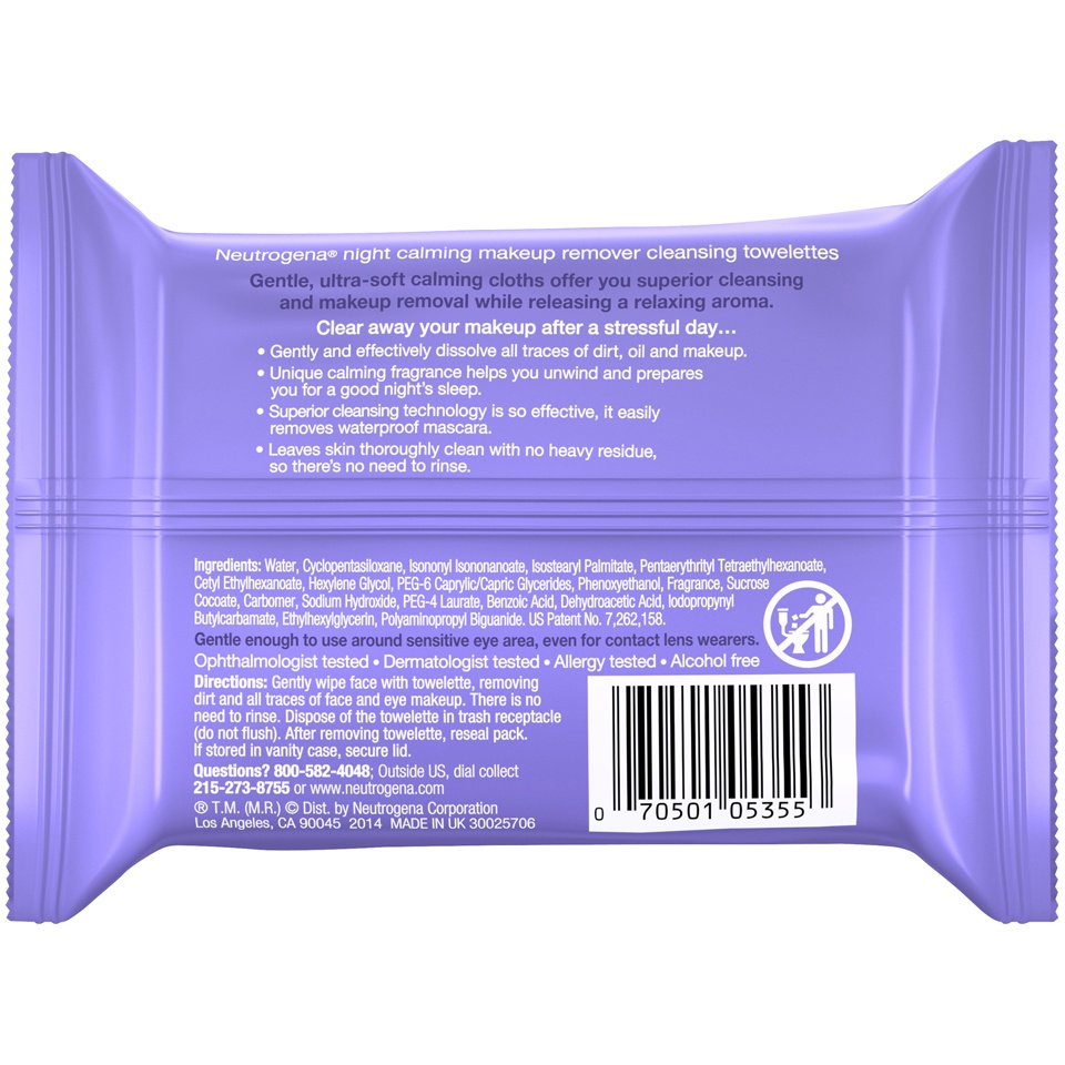 slide 6 of 6, Neutrogena Night Calming Cleansing Makeup Remover Face Wipes, Nighttime Facial Towelettes to Remove Sweat, Dirt & makeup, Leaves Skin Feeling Calm, Alcohol-Free, 100% Plant Based Cloth, 25 ct
