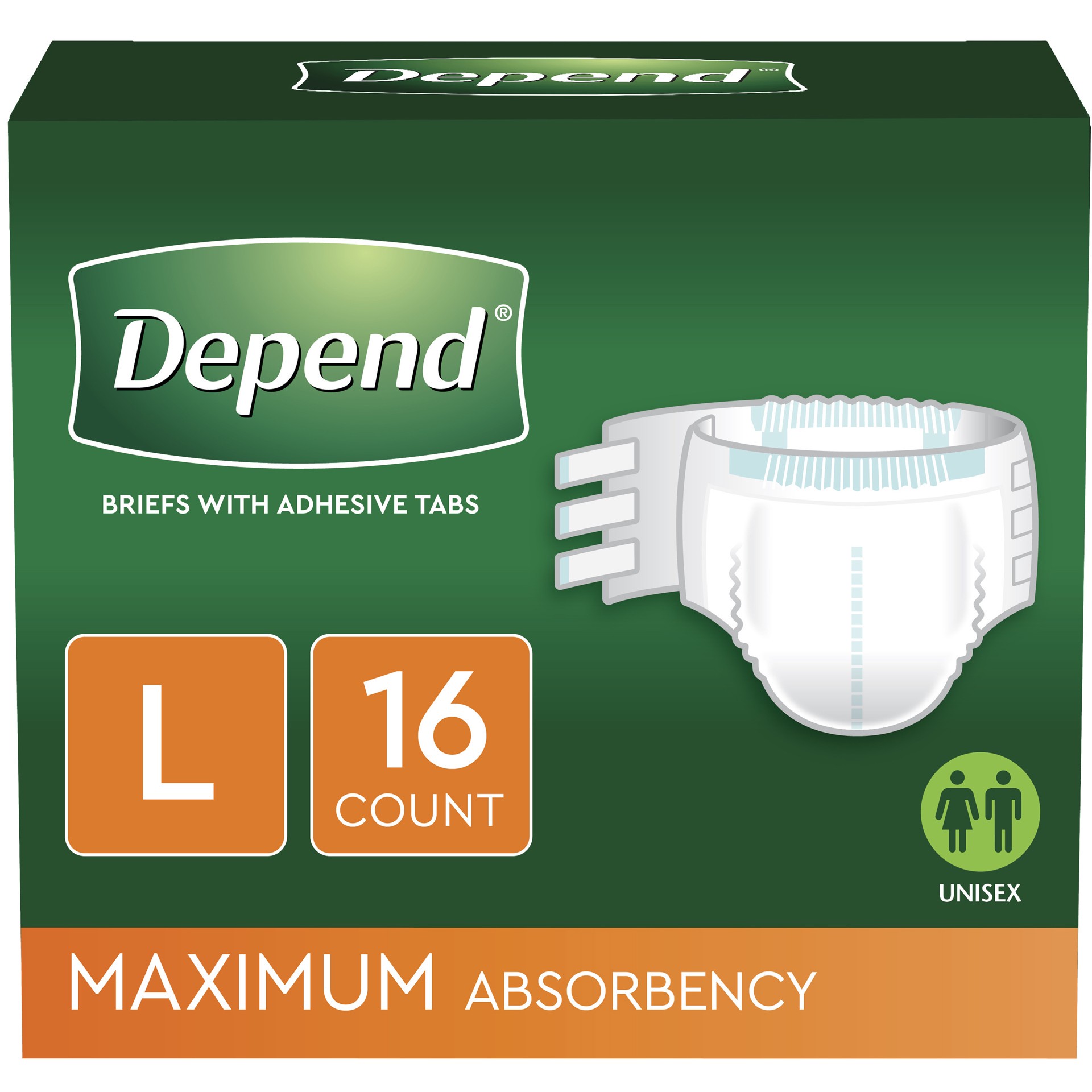 slide 1 of 5, Depend Incontinence Protection with Tabs/Disposable Underwear for Adults, Unisex, Large (35–49" Waist, over 170 lbs), Maximum Absorbency, 16 Count, 16 ct