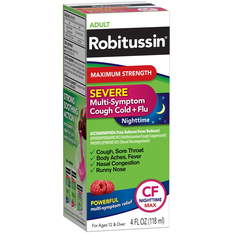 slide 2 of 6, Robitussin Maximum Strength Severe Nighttime Multi-Symptom Cough, Cold and Flu Medicine, Nighttime CF Max, Raspberry Flavor  - 4 Fl Oz Bottle, 4 fl oz