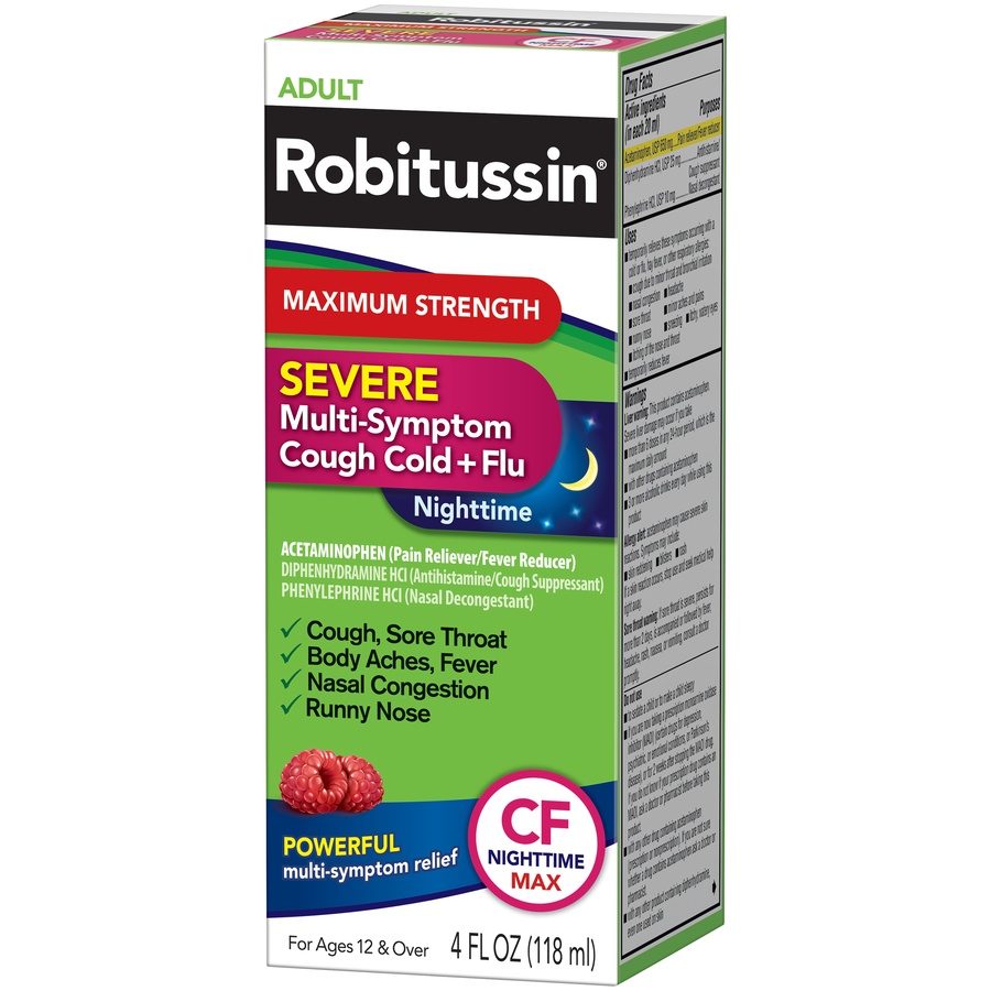 slide 3 of 6, Robitussin Maximum Strength Severe Nighttime Multi-Symptom Cough, Cold and Flu Medicine, Nighttime CF Max, Raspberry Flavor  - 4 Fl Oz Bottle, 4 fl oz