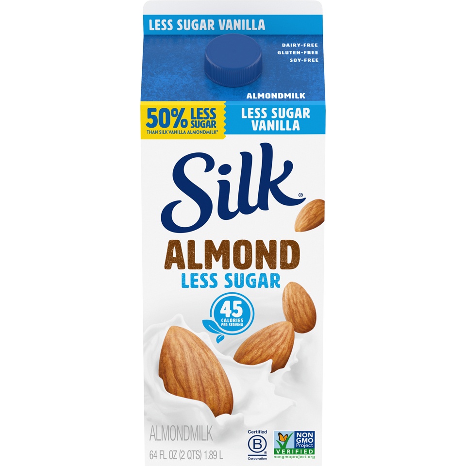 slide 2 of 9, Silk Almond Milk, Vanilla, Less Sugar, Dairy Free, Gluten Free, Seriously Creamy Vegan Milk with 50% Less Sugar than Silk Vanilla Almond Milk, 64 FL OZ Half Gallon, 64 fl oz