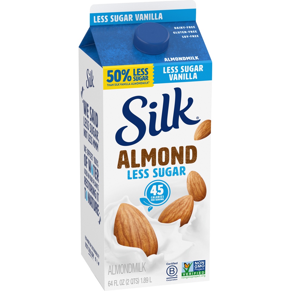 slide 3 of 9, Silk Almond Milk, Vanilla, Less Sugar, Dairy Free, Gluten Free, Seriously Creamy Vegan Milk with 50% Less Sugar than Silk Vanilla Almond Milk, 64 FL OZ Half Gallon, 64 fl oz
