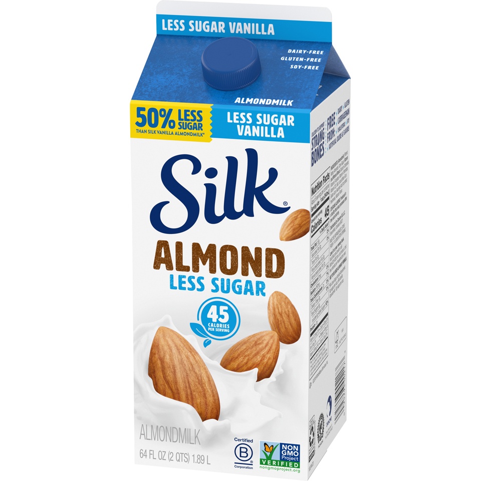slide 5 of 9, Silk Almond Milk, Vanilla, Less Sugar, Dairy Free, Gluten Free, Seriously Creamy Vegan Milk with 50% Less Sugar than Silk Vanilla Almond Milk, 64 FL OZ Half Gallon, 64 fl oz