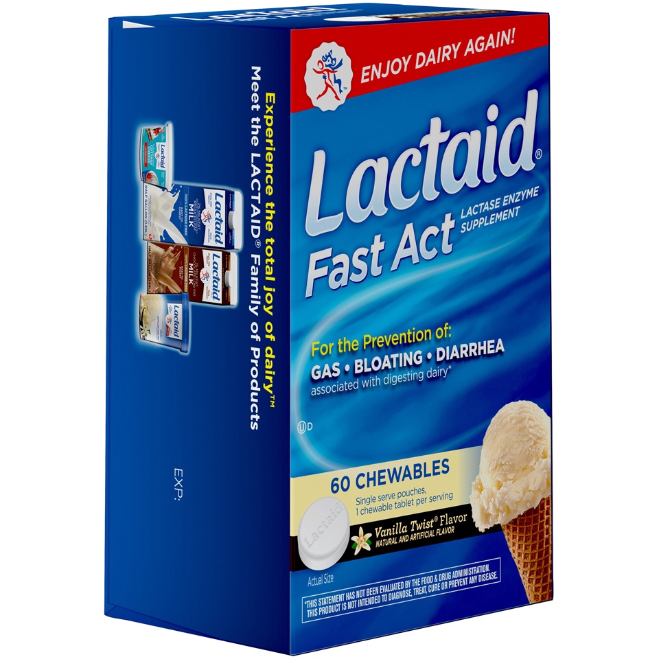 slide 2 of 6, Lactaid Fast Act Lactose Intolerance Relief Chewables with Natural Lactase Enzyme to Prevent Gas, Bloating & Diarrhea Due to Lactose Sensitivity, On-the-Go, Vanilla Twist Flavor, 60 x 1 ct, 60 ct