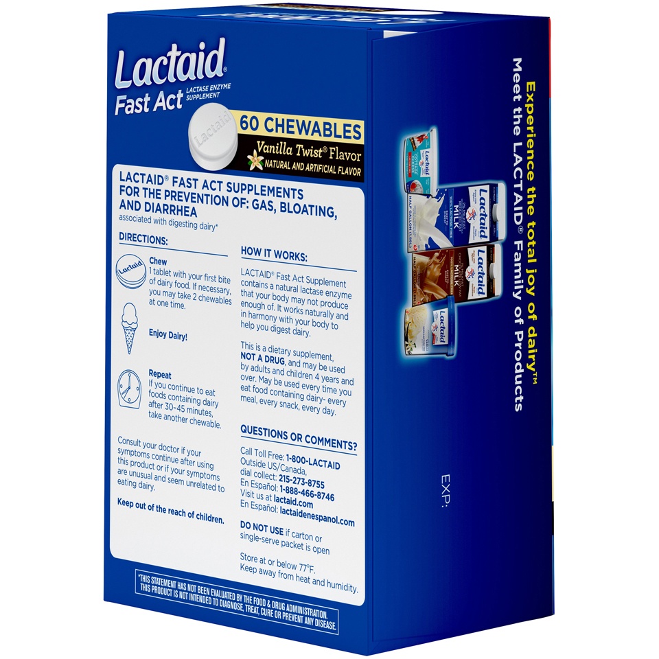 slide 3 of 6, Lactaid Fast Act Lactose Intolerance Relief Chewables with Natural Lactase Enzyme to Prevent Gas, Bloating & Diarrhea Due to Lactose Sensitivity, On-the-Go, Vanilla Twist Flavor, 60 x 1 ct, 60 ct